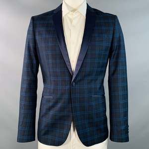 FARAH Regular Navy Blue Plaid Polyester Blend Slim Fit Sport Coat